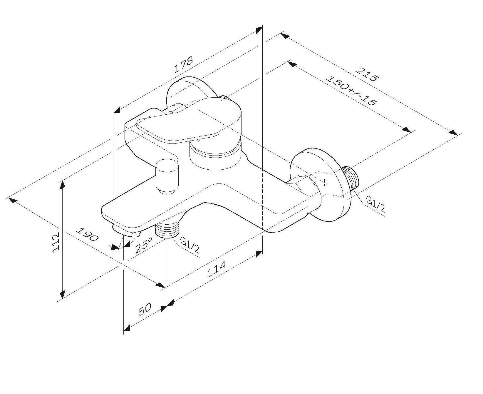 Габаритная схема Смеситель AM.PM X-Joy F85A10022 для ванны с душем