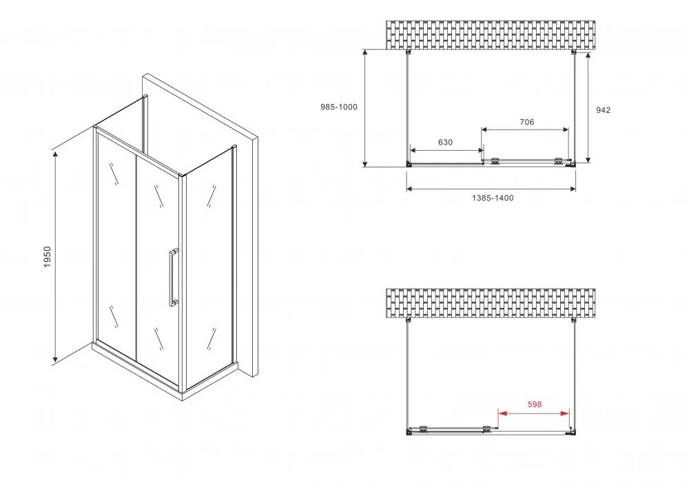 Габаритная схема Душевой уголок Abber Schwarzer Diamant AG30140MH-S100M-S100M 140x100