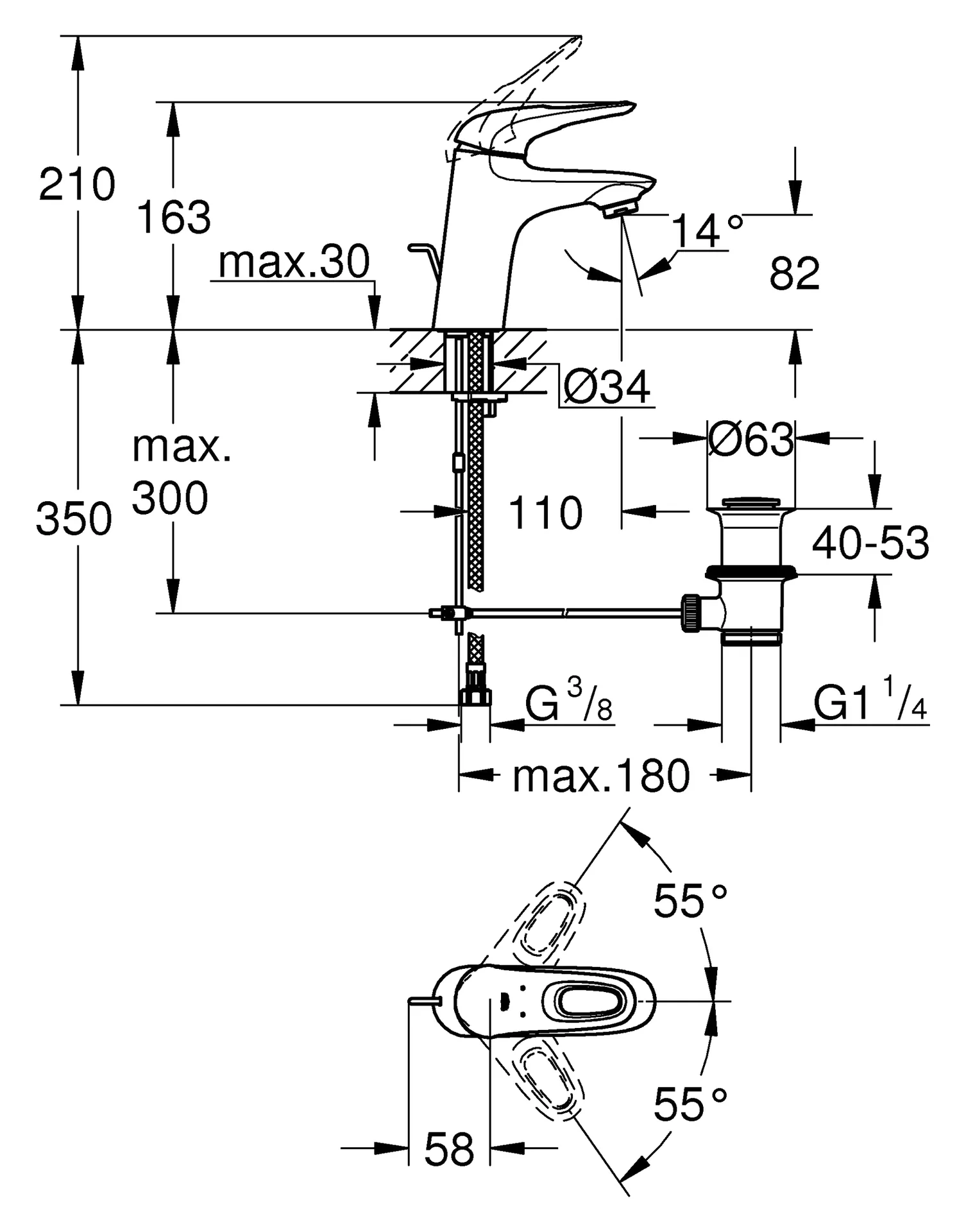 Габаритная схема Смеситель Grohe Eurostyle New 33558003 для раковины