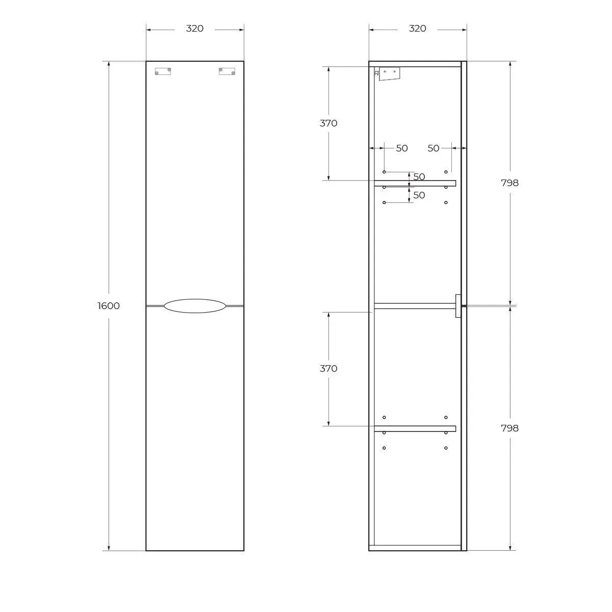 Габаритная схема Шкаф-пенал BelBagno Acqua ACQUA-1600-2A-SC-BL-P