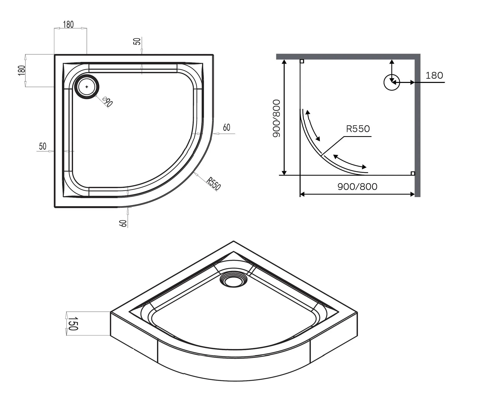 Габаритная схема Поддон для душа Am.Pm X-Joy W88T-205-090W