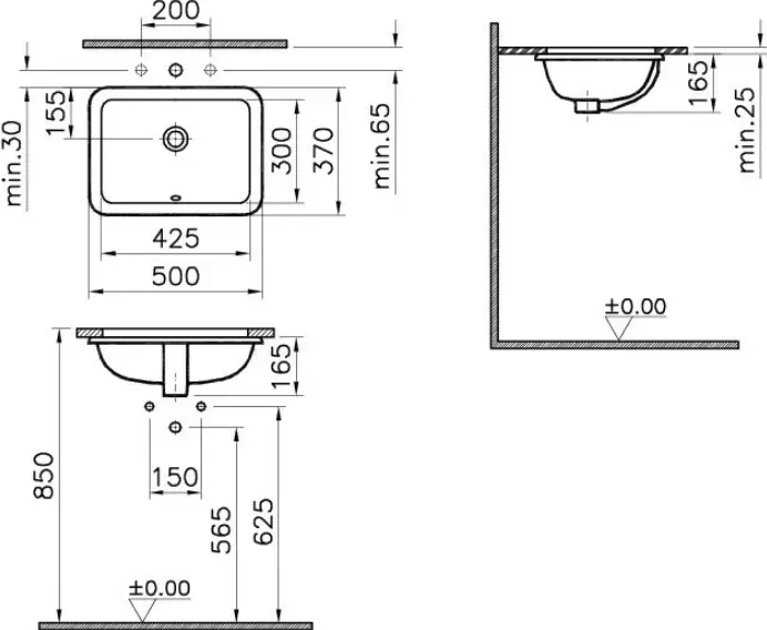 Габаритная схема Раковина Vitra S20 5474B003-0618 50 см