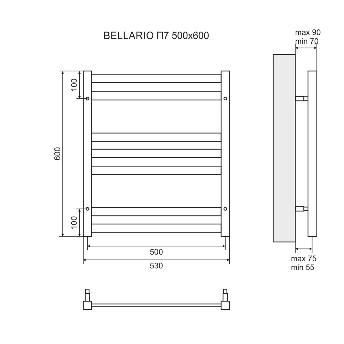 Габаритная схема Полотенцесушитель электрический Lemark Bellario П7 50x60, черный
