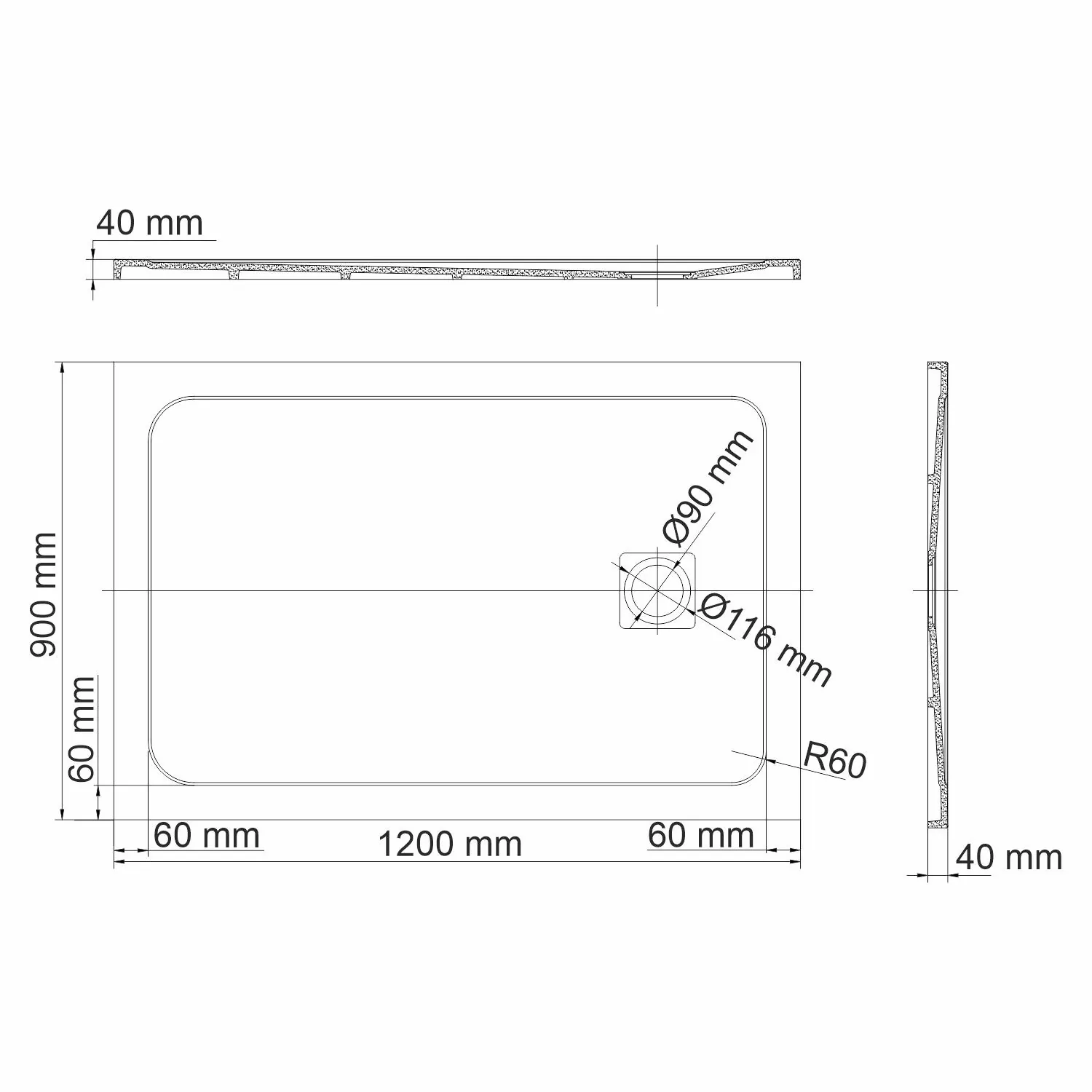 Габаритная схема Поддон для душа Wasserkraft Neime 19T07 120x90