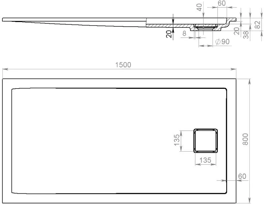 Габаритная схема Поддон для душа Salini Capri 120211M 150x80 матовый