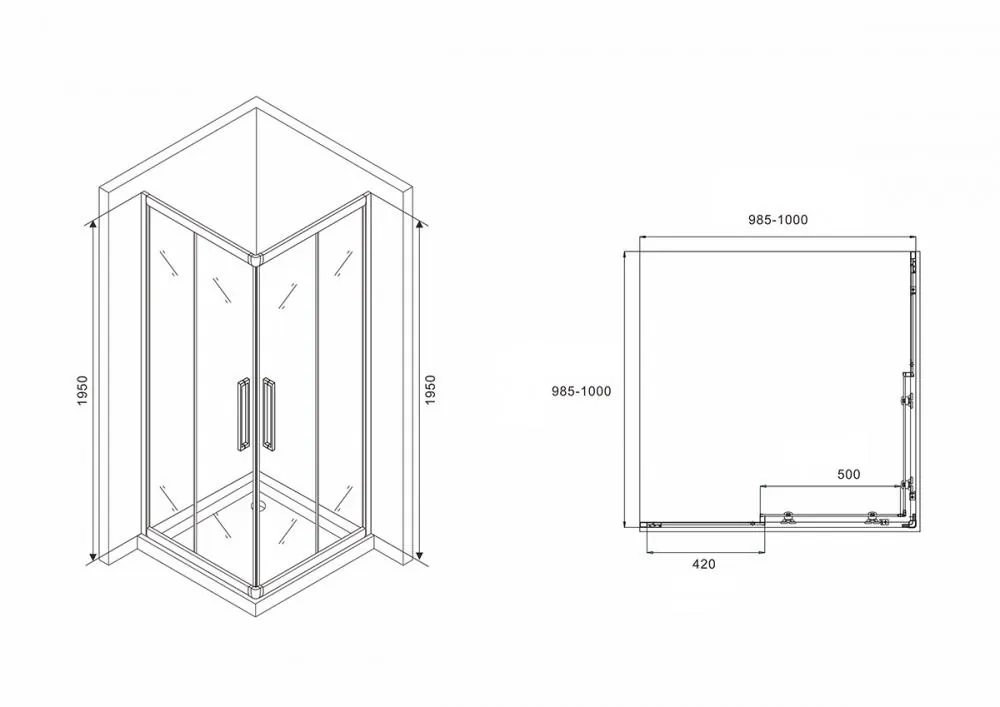 Габаритная схема Душевой уголок Abber Schwarzer Diamant AG02100BH 100x100