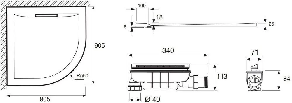 Габаритная схема Поддон для душа Jacob Delafon Flight Pure E62323-00 90х90