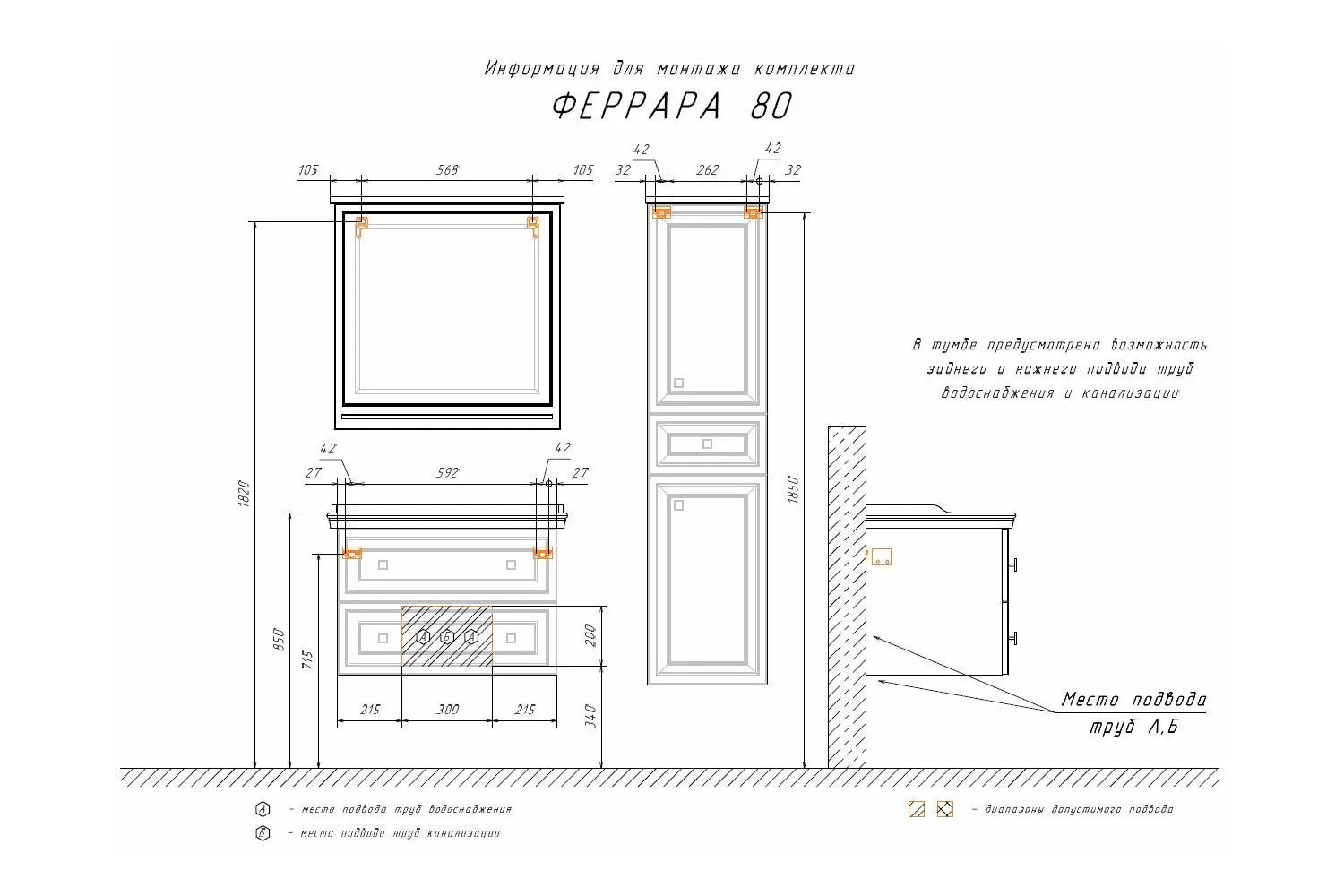 Габаритная схема Зеркало Comforty Феррара 80 белый глянец