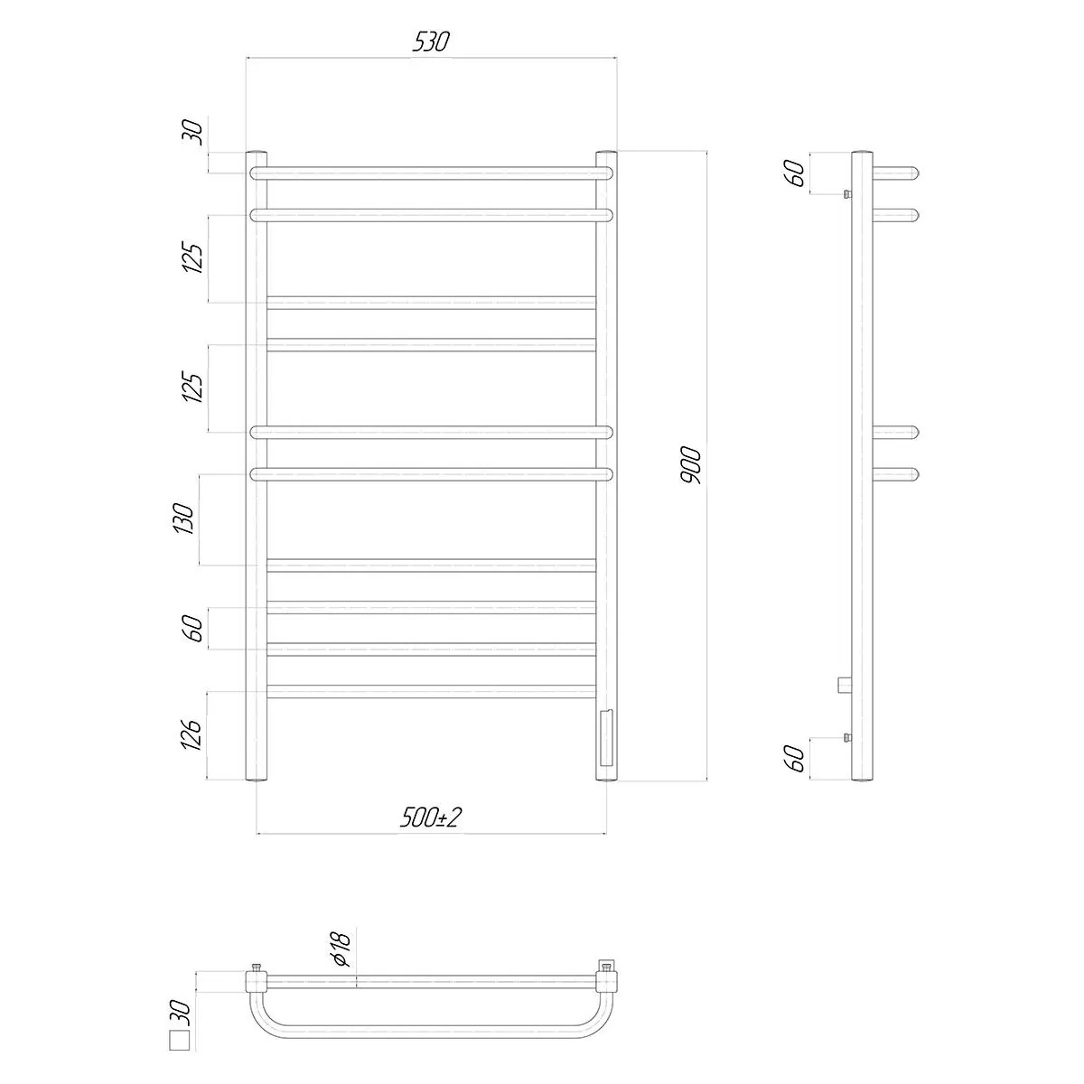Габаритная схема Полотенцесушитель электрический Lemark Linara П10 50x90