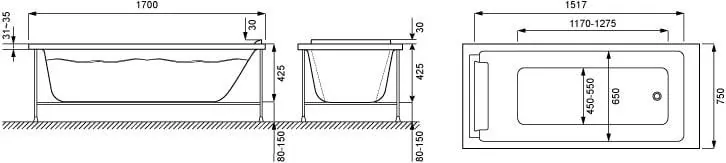 Габаритная схема Акриловая ванна Jacob Delafon Sofa 150x70