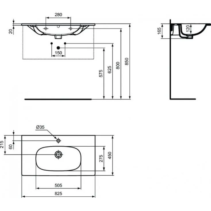 Габаритная схема Раковина Ideal Standard Tesi T3509V3 80 см
