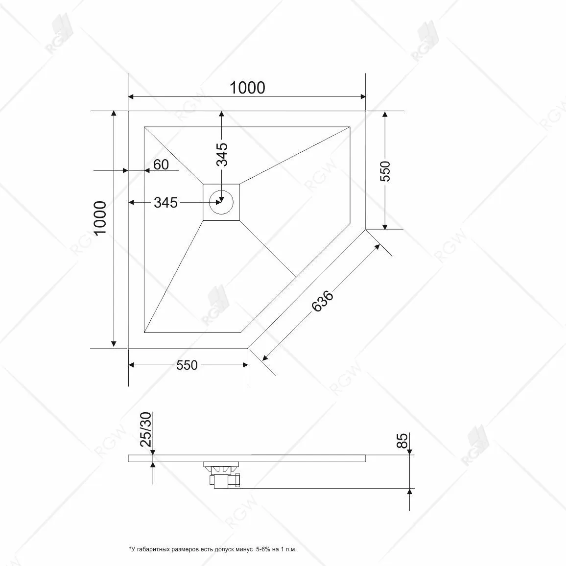 Габаритная схема Поддон для душа RGW Stone Tray ST/T-G 100х100