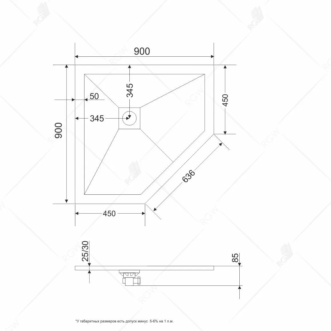 Габаритная схема Поддон для душа RGW Stone Tray ST/T-Co 90x90