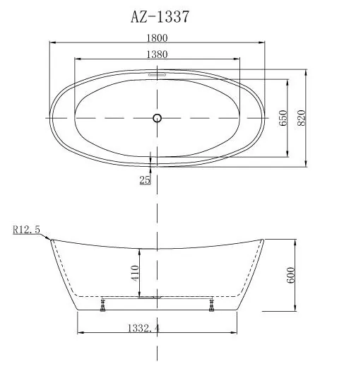 Габаритная схема Акриловая ванна Azario Easton AZ1337 180х82