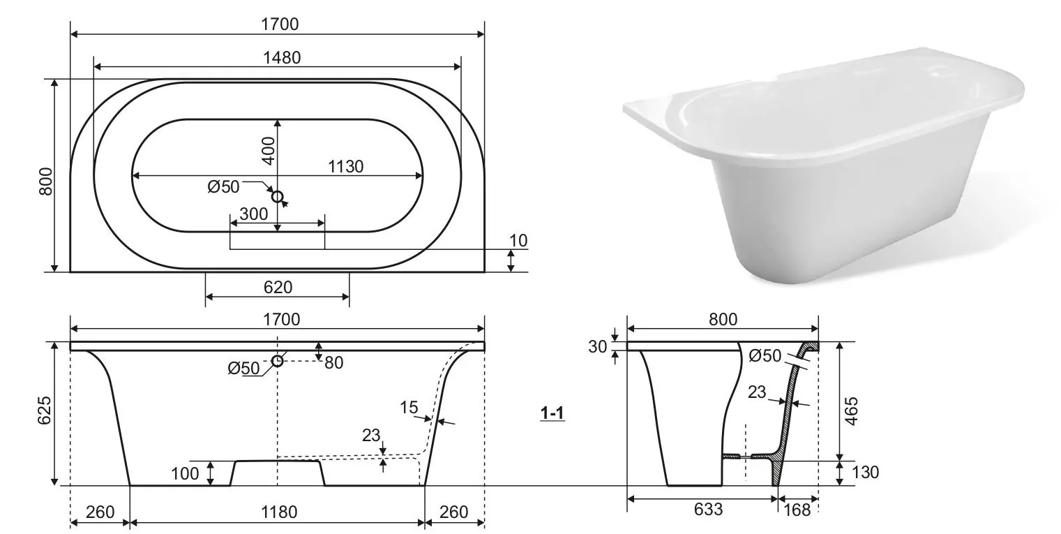 Габаритная схема Ванна из искусственного камня Эстет Лира 170x80 ФР-00001912