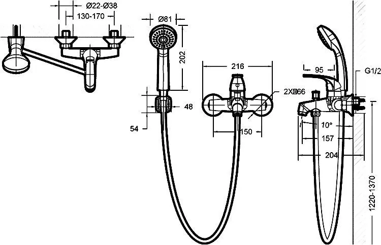 Габаритная схема Душевой комплект Bravat Fit F00315C 3 в 1