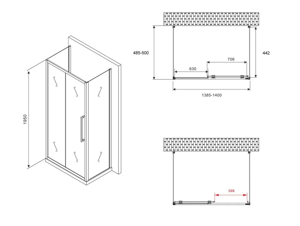 Габаритная схема Душевой уголок Abber Schwarzer Diamant AG30140H-S50-S50 140x50