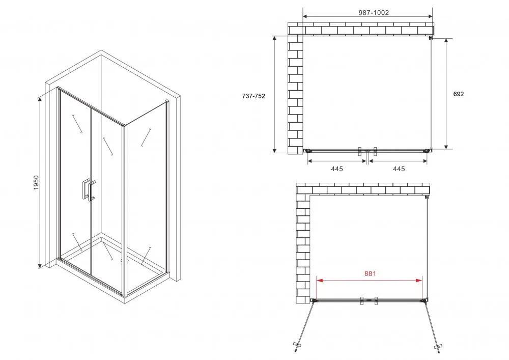 Габаритная схема Душевой уголок Abber Sonnenstrand AG04100C-S75 75x100