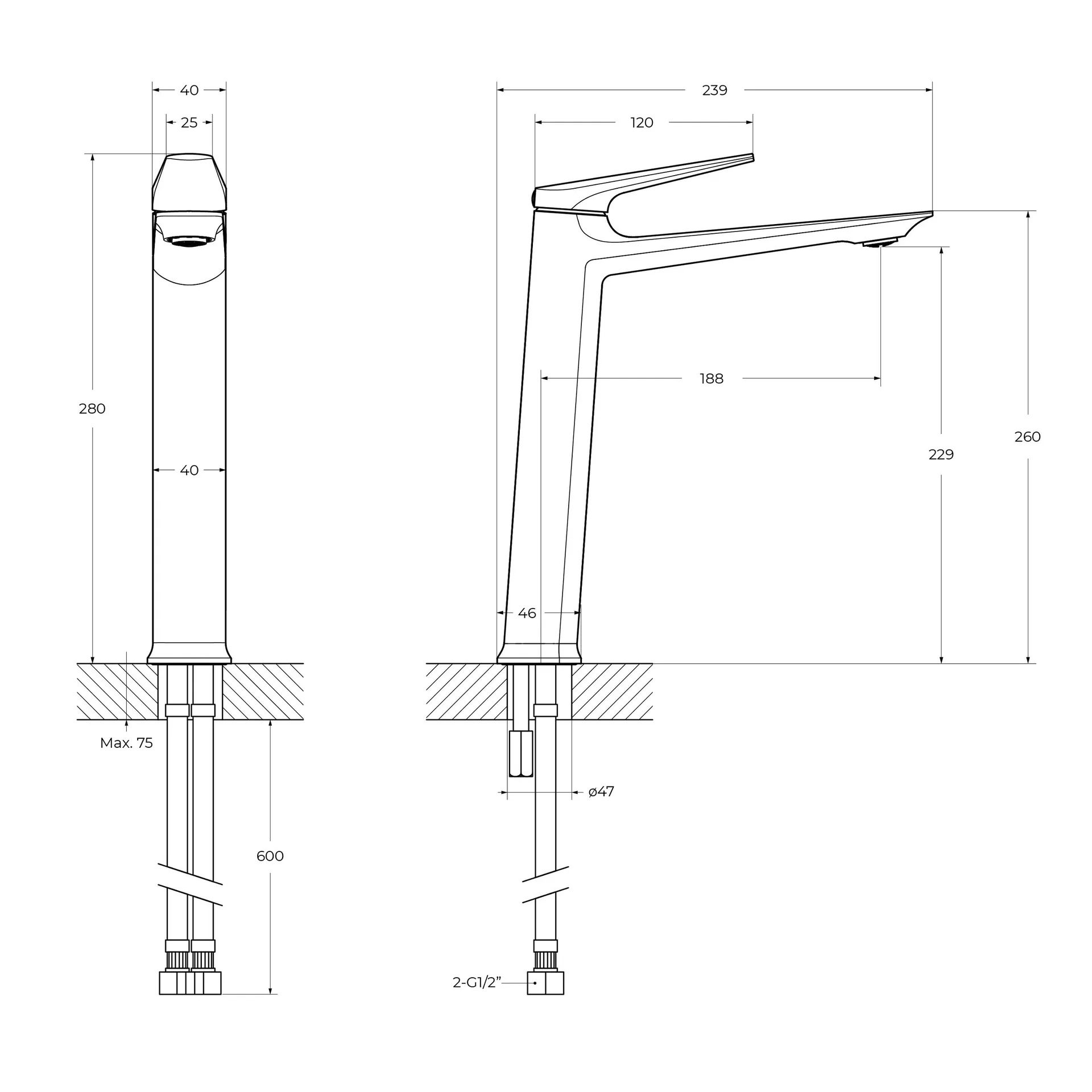 Габаритная схема Смеситель Cezares Liner-LC-GM-W0 для раковины