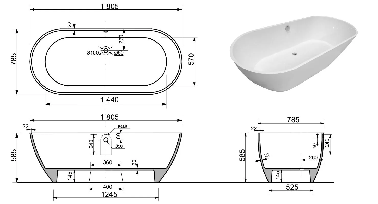 Габаритная схема Ванна из искусственного камня Эстет Майами 180x80 ФР-00006013