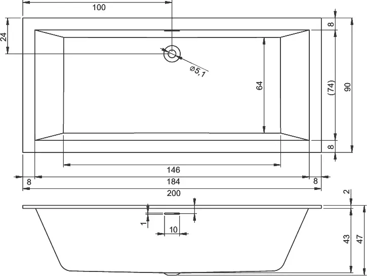 Габаритная схема Акриловая ванна Riho Rething Cubic 200х90