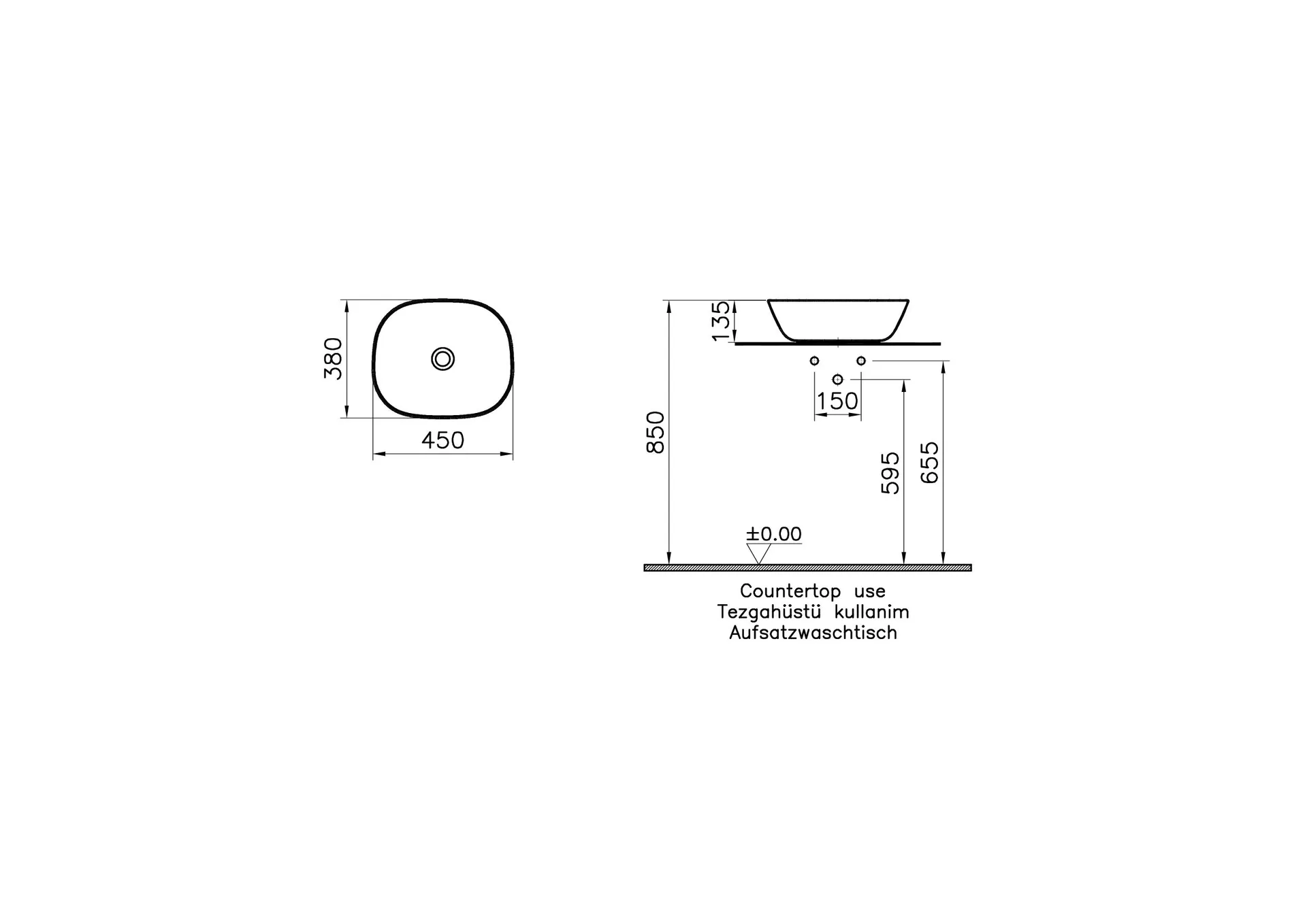 Габаритная схема Раковина Vitra Plural 7810B401-0016 45 см