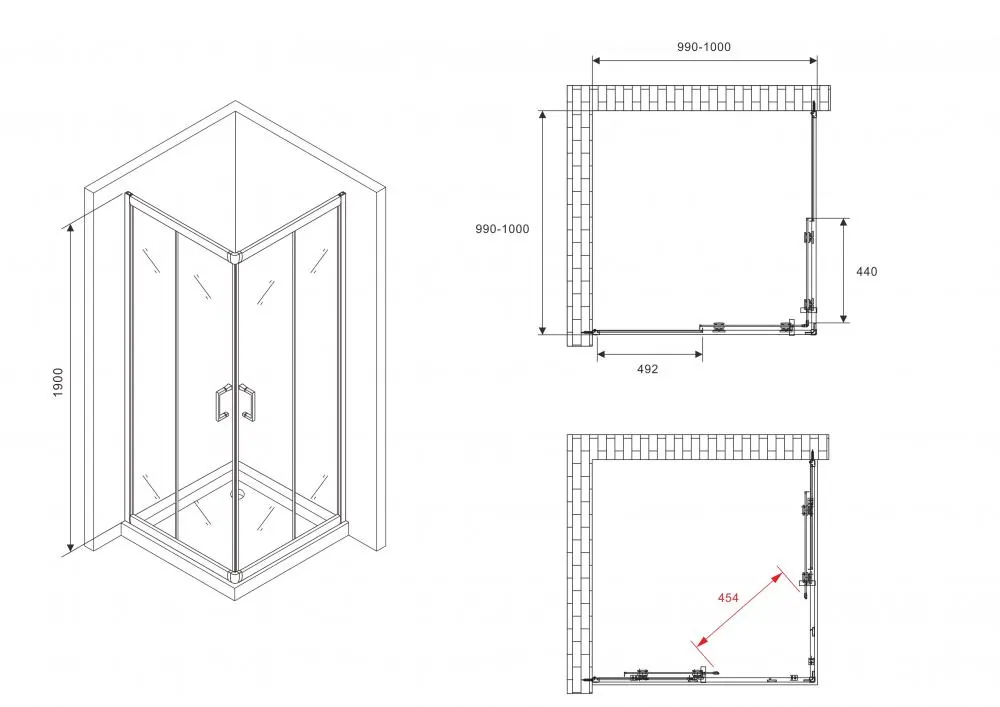 Габаритная схема Душевой уголок Abber Schwarzer Diamant AG021005 100x100