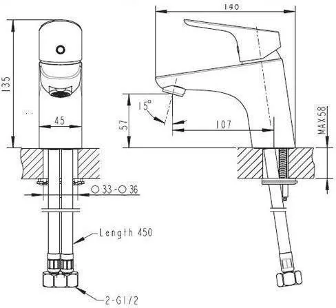 Габаритная схема Смеситель Bravat Drop F14898C-1 для раковины