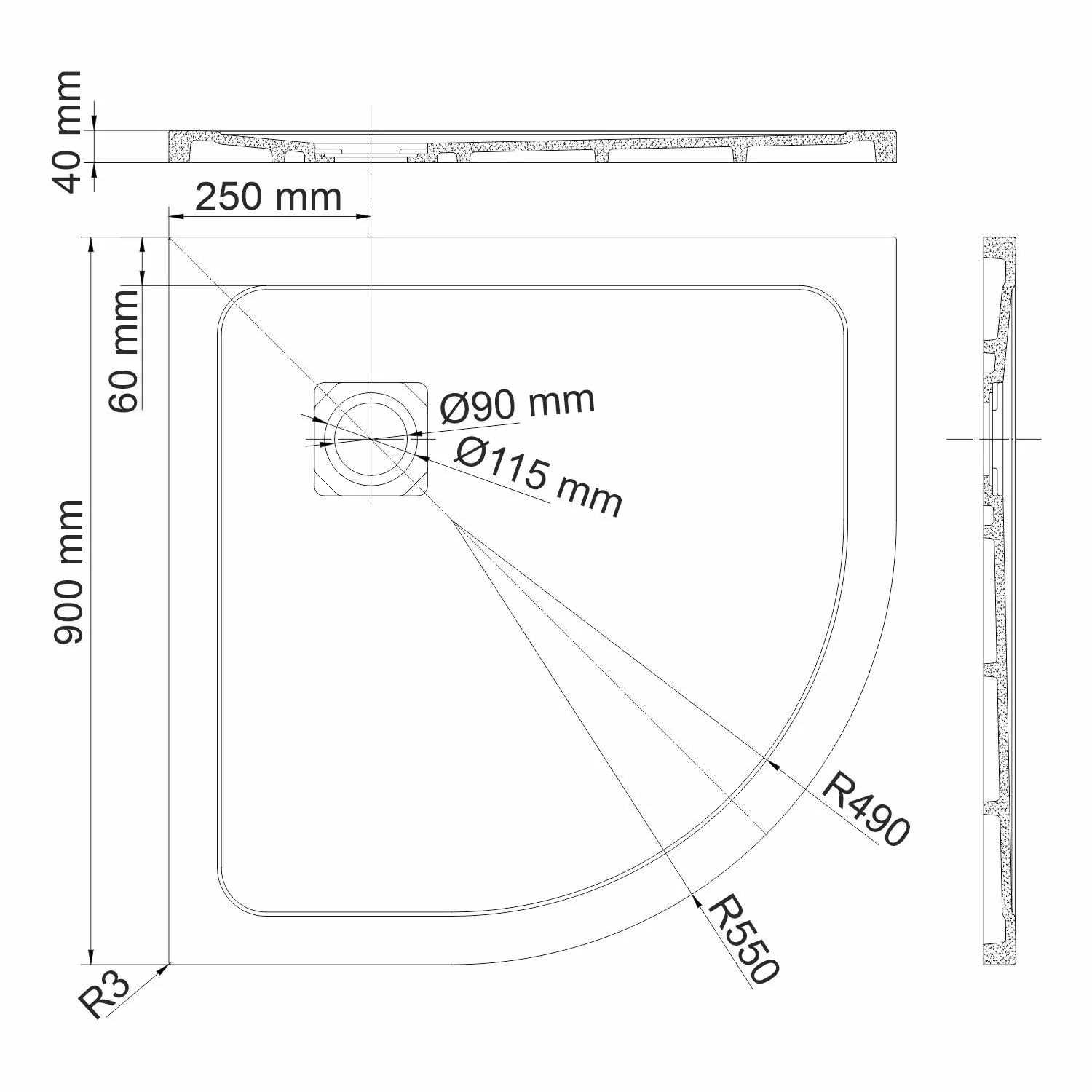 Габаритная схема Поддон для душа Wasserkraft Neime 19T01 90x90