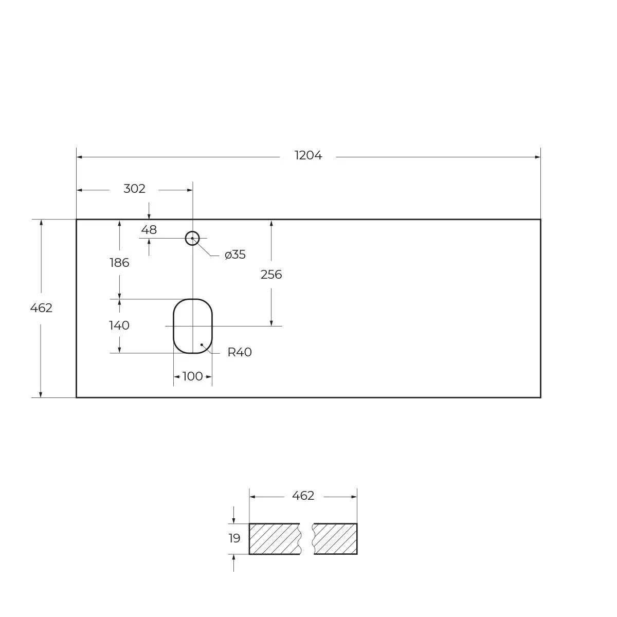 Габаритная схема Столешница BelBagno EK-120-AS-BO-L Bianco Opaco