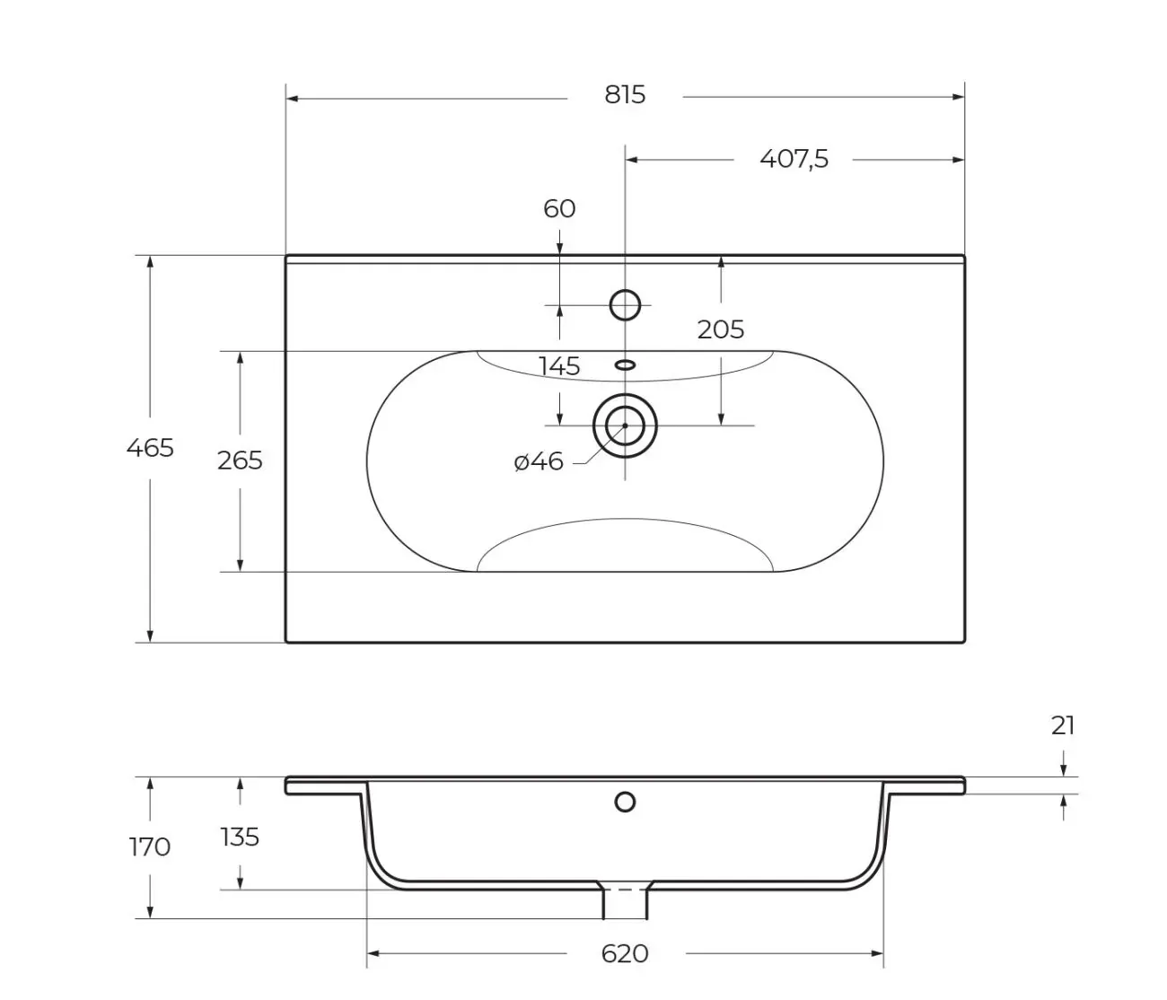 Габаритная схема Мебельная раковина BelBagno Love LOV-800-LVB 80 см