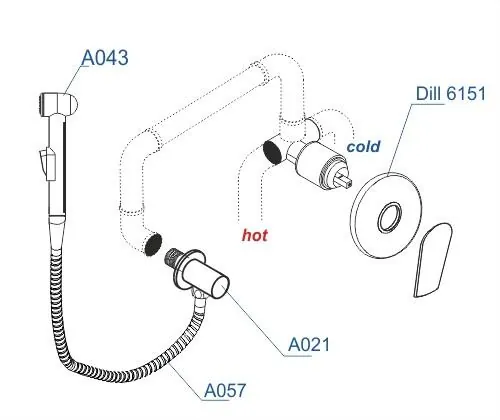 Габаритная схема Гигиенический душ Wasserkraft Dill A06157 со смесителем, с внутренней частью