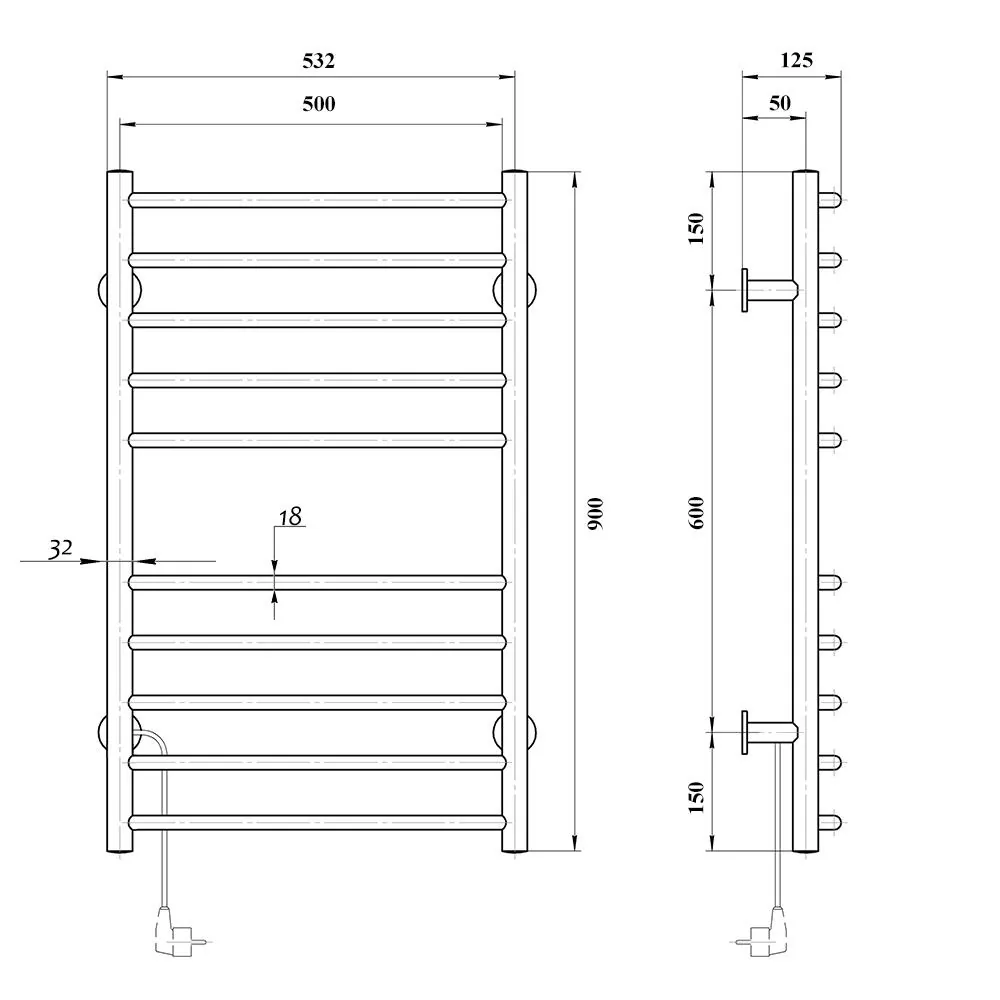 Габаритная схема Полотенцесушитель электрический Domoterm Аврора 50x90 L