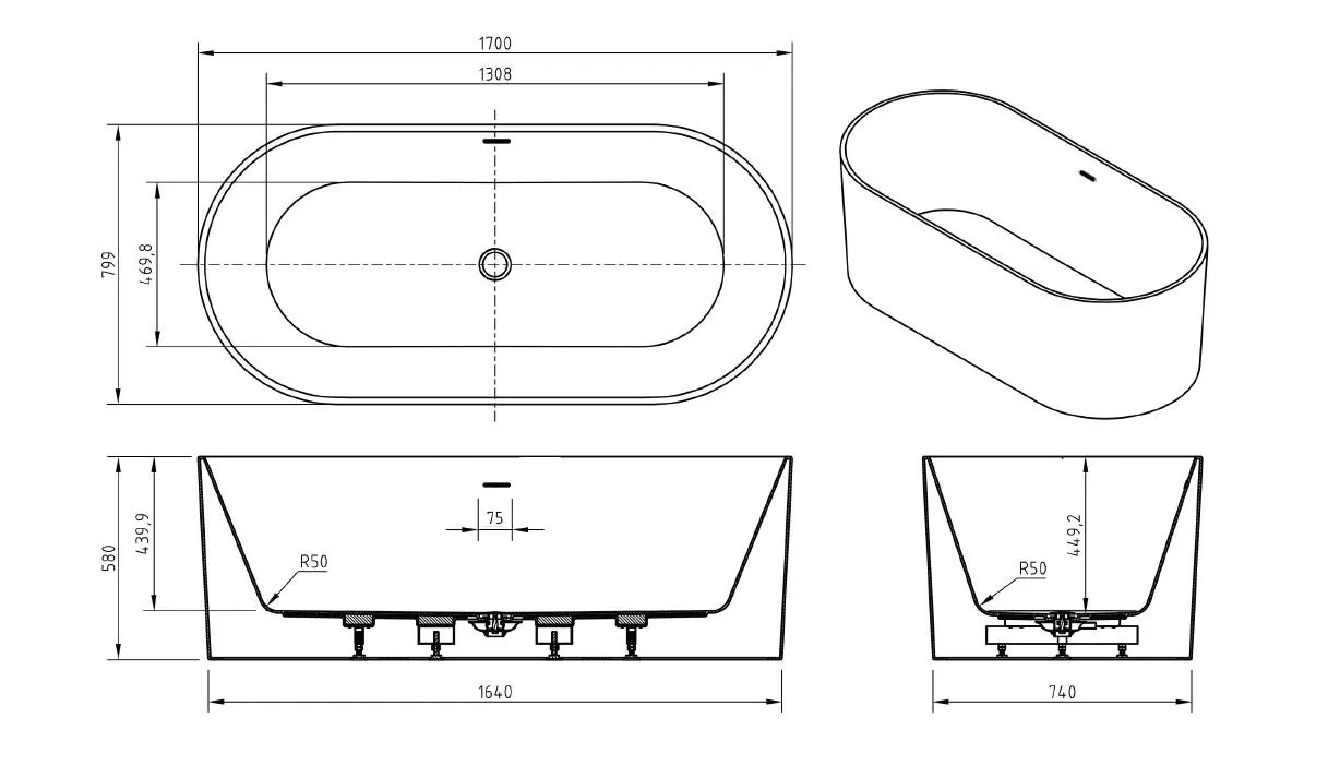Габаритная схема Акриловая ванна BelBagno BB705-1700-800 170x80