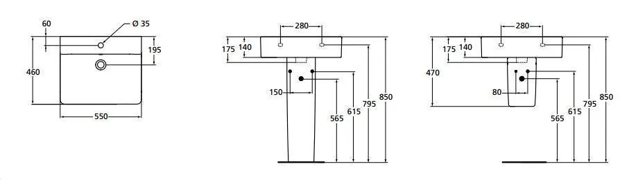 Габаритная схема Раковина Ideal Standard Connect Cube E784401 55 см