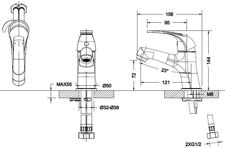 Габаритная схема Смеситель Bravat Fit F3135188CP-RUS для биде
