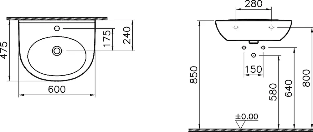 Габаритная схема Раковина Vitra Zentrum 5786B003-0001 60 см