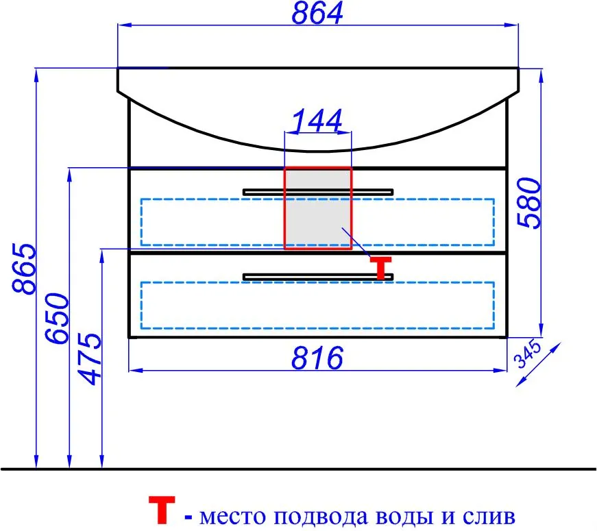 Габаритная схема Тумба с раковиной Aqwella Allegro 85 2 ящика