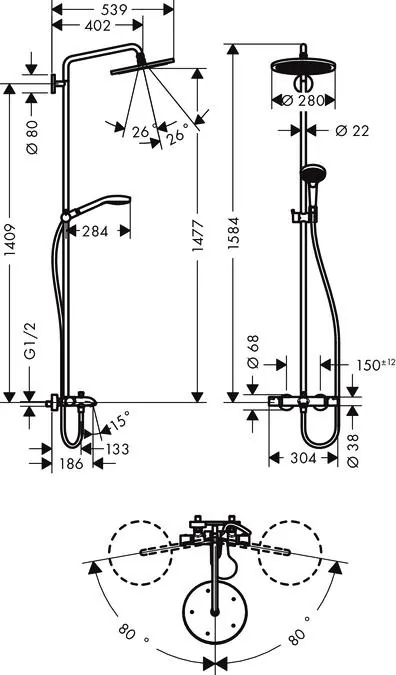 Габаритная схема Душевая стойка Hansgrohe Croma Select S 26792000
