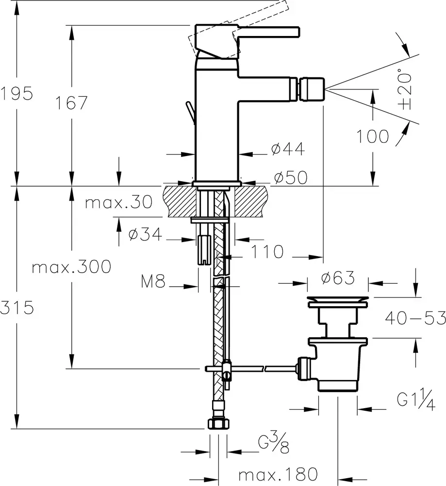Габаритная схема Смеситель Vitra Minimax S A41988EXP для биде