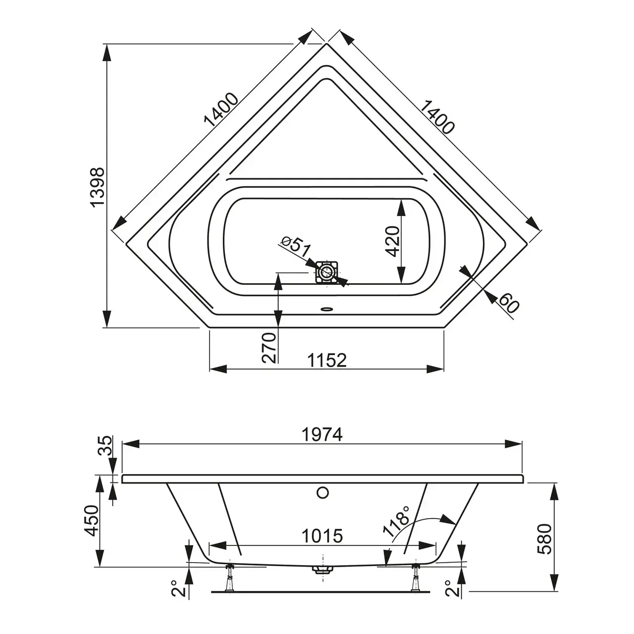 Габаритная схема Акриловая ванна Vagnerplast Cavallo Corner 140х140