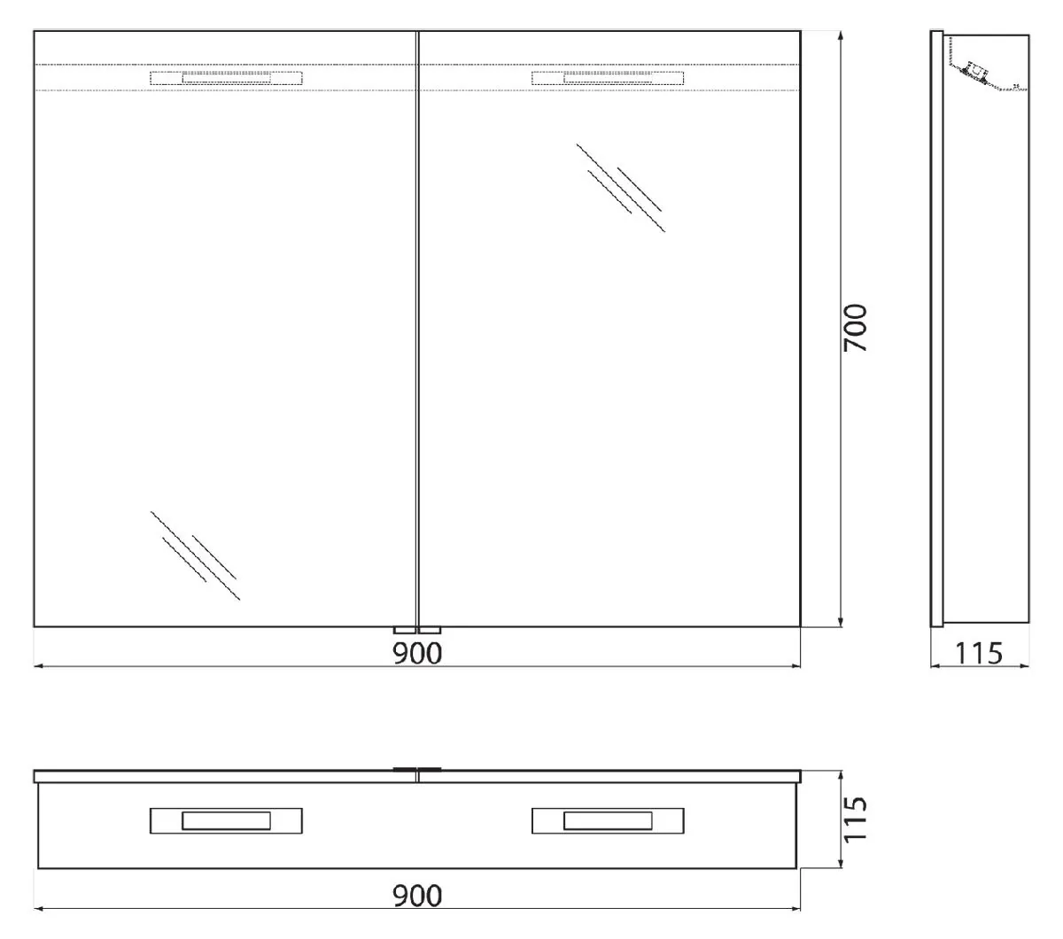 Габаритная схема Зеркало-шкаф BelBagno SPC-2A-DL-BL-900