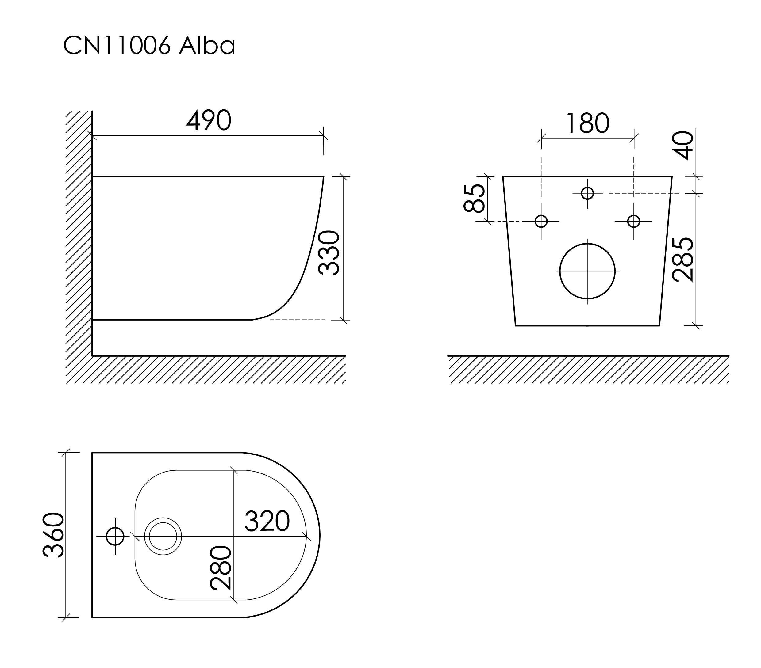 Габаритная схема Биде подвесное Ceramicanova Альба (Alba) CN11006