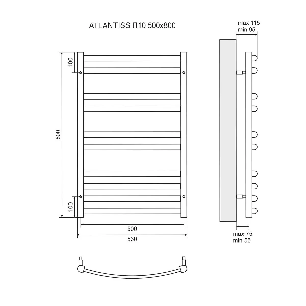 Габаритная схема Полотенцесушитель электрический Lemark Atlantiss П10 50x80, черный