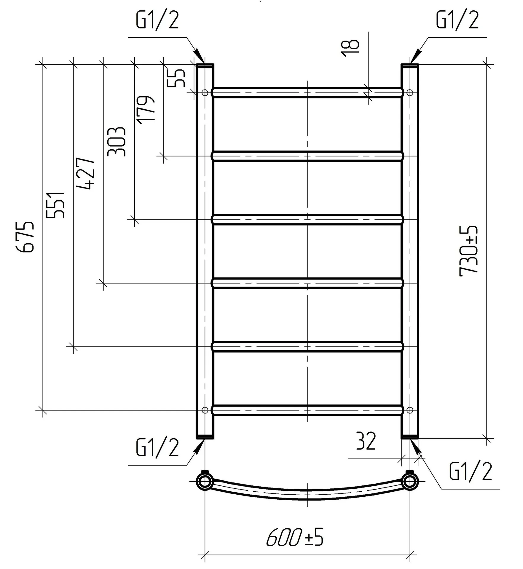 Габаритная схема Полотенцесушитель водяной ТЕРА ПСБ Ребро 60x73