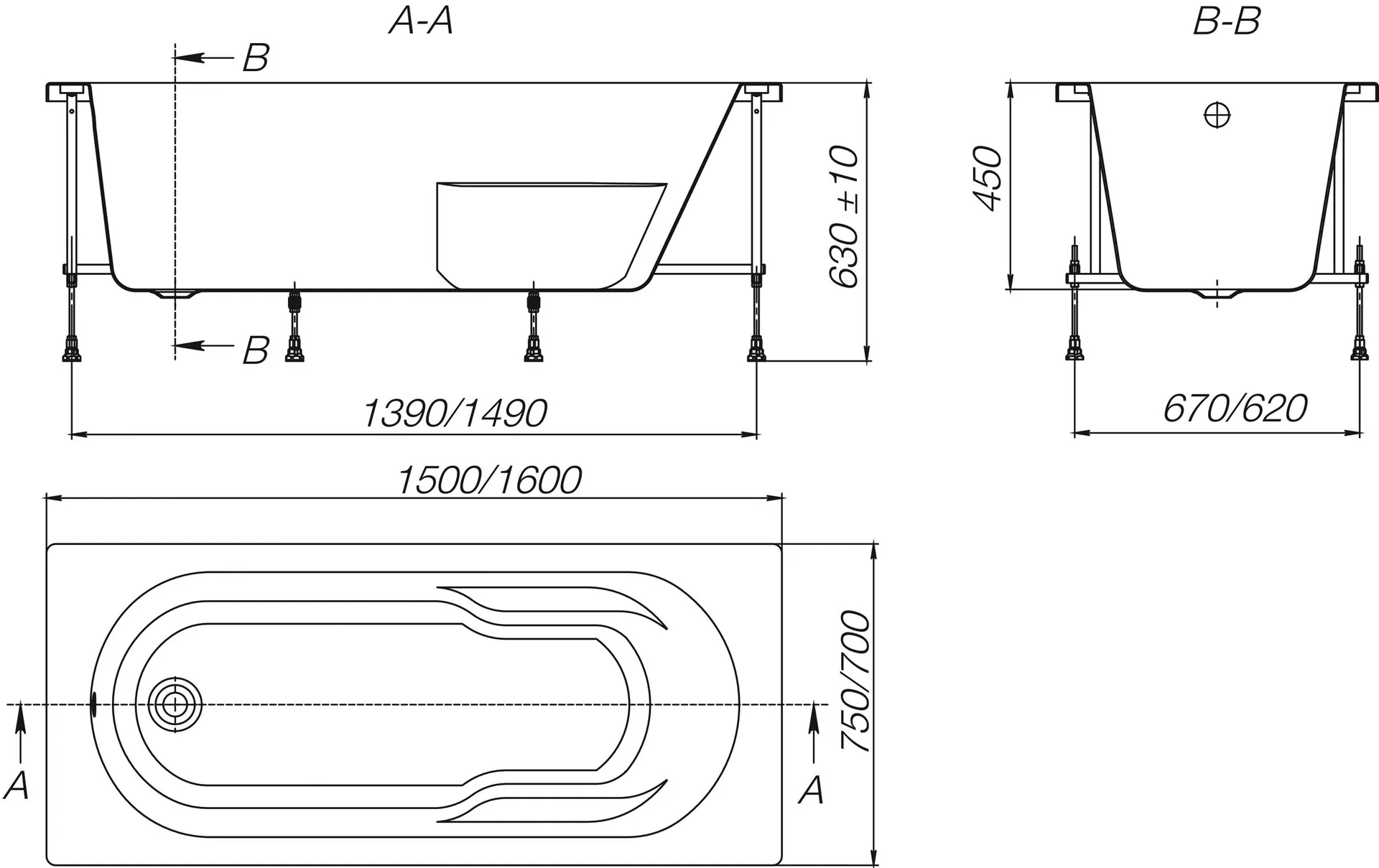 Габаритная схема Акриловая ванна Roca Genova-N 150x75