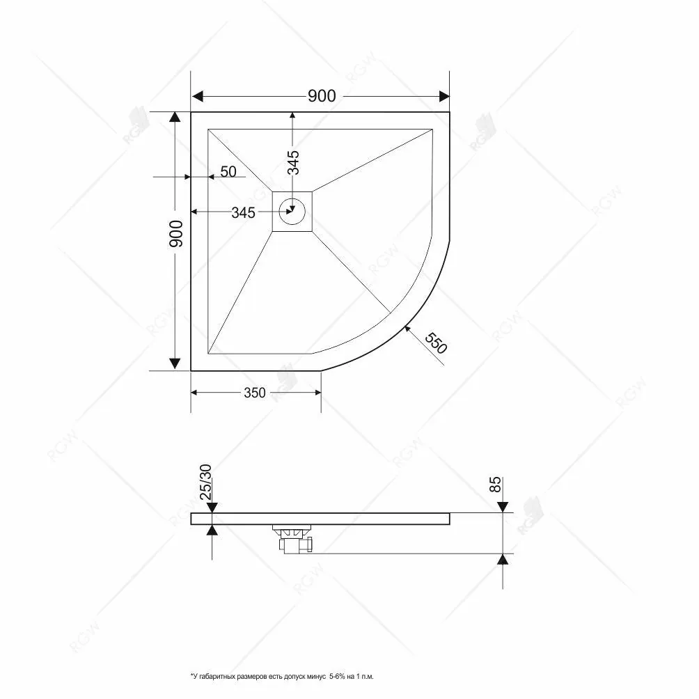 Габаритная схема Поддон для душа RGW Stone Tray ST/R-Tr 90x90