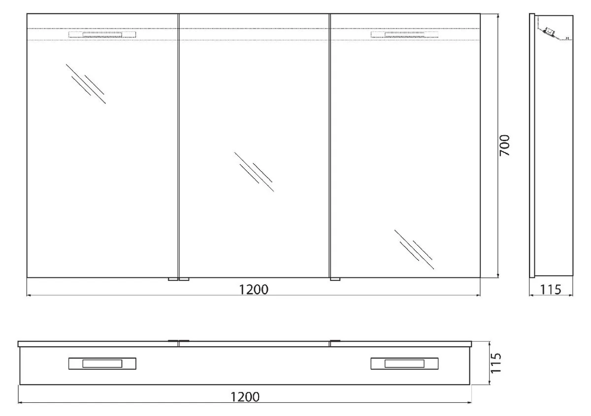 Габаритная схема Зеркало-шкаф BelBagno SPC-3A-DL-BL-1200