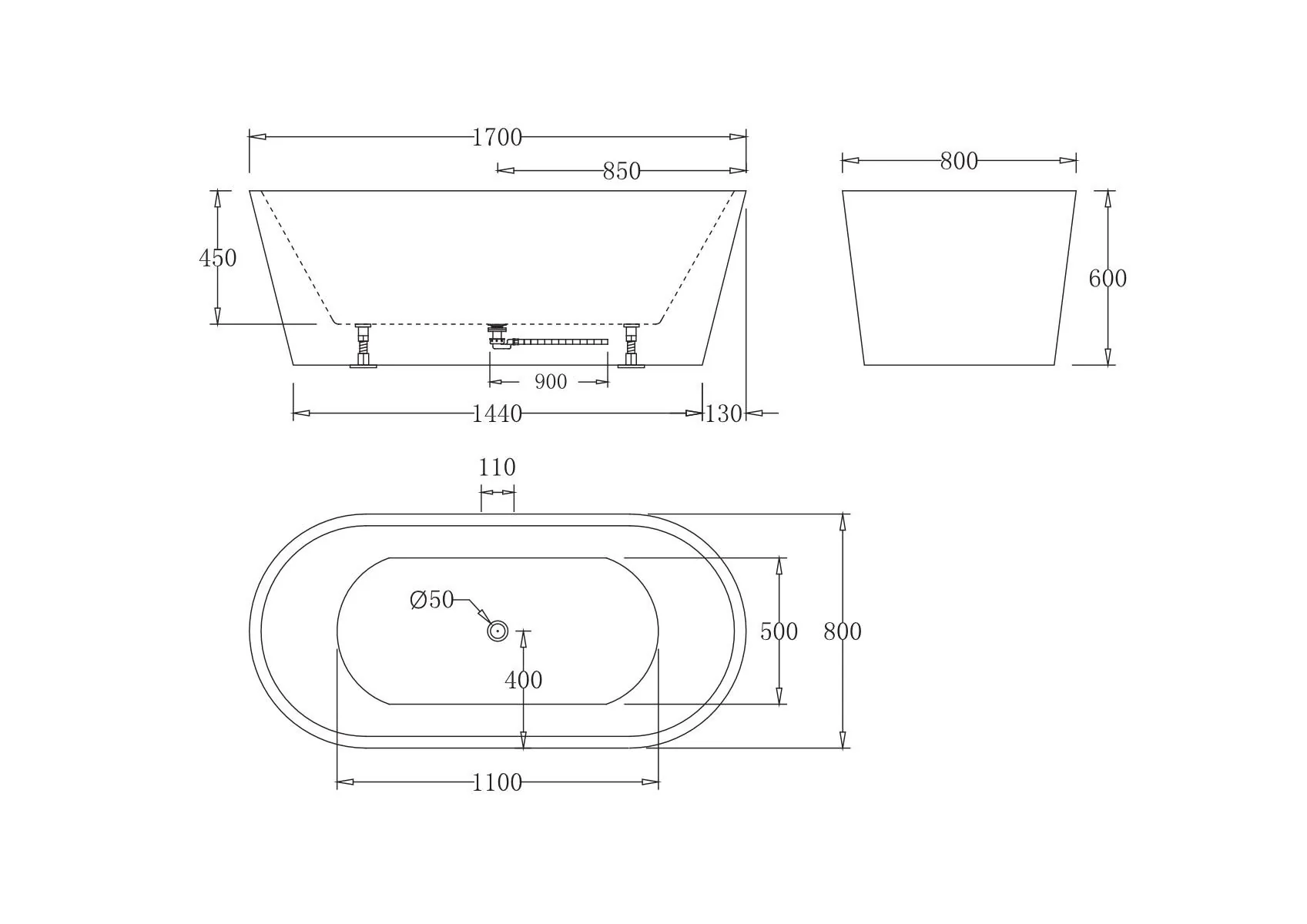 Габаритная схема Акриловая ванна BelBagno BB71-1700-NERO-W0 170х80