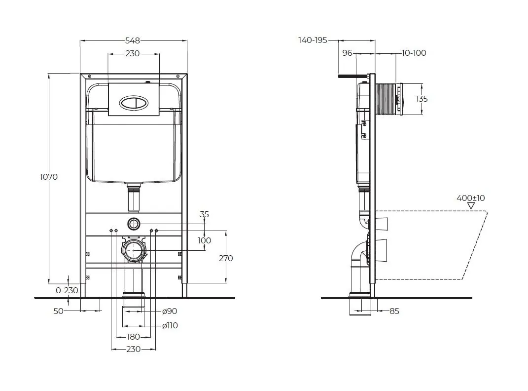 Габаритная схема Система инсталляции для унитазов BelBagno BB026/BB081CR с кнопкой смыва